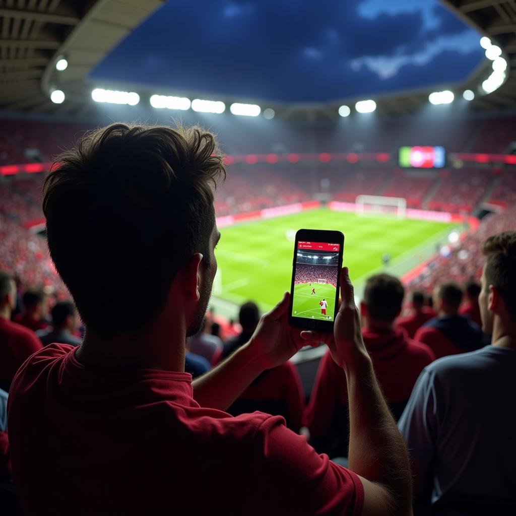 Fan mit Smartphone beim Bayern Leverkusen Spiel