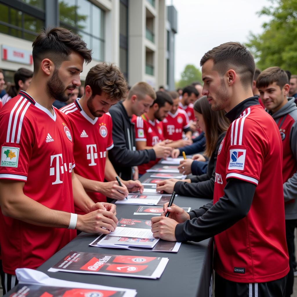 Spieler geben Autogramme beim Fanfest Leverkusen Berlin