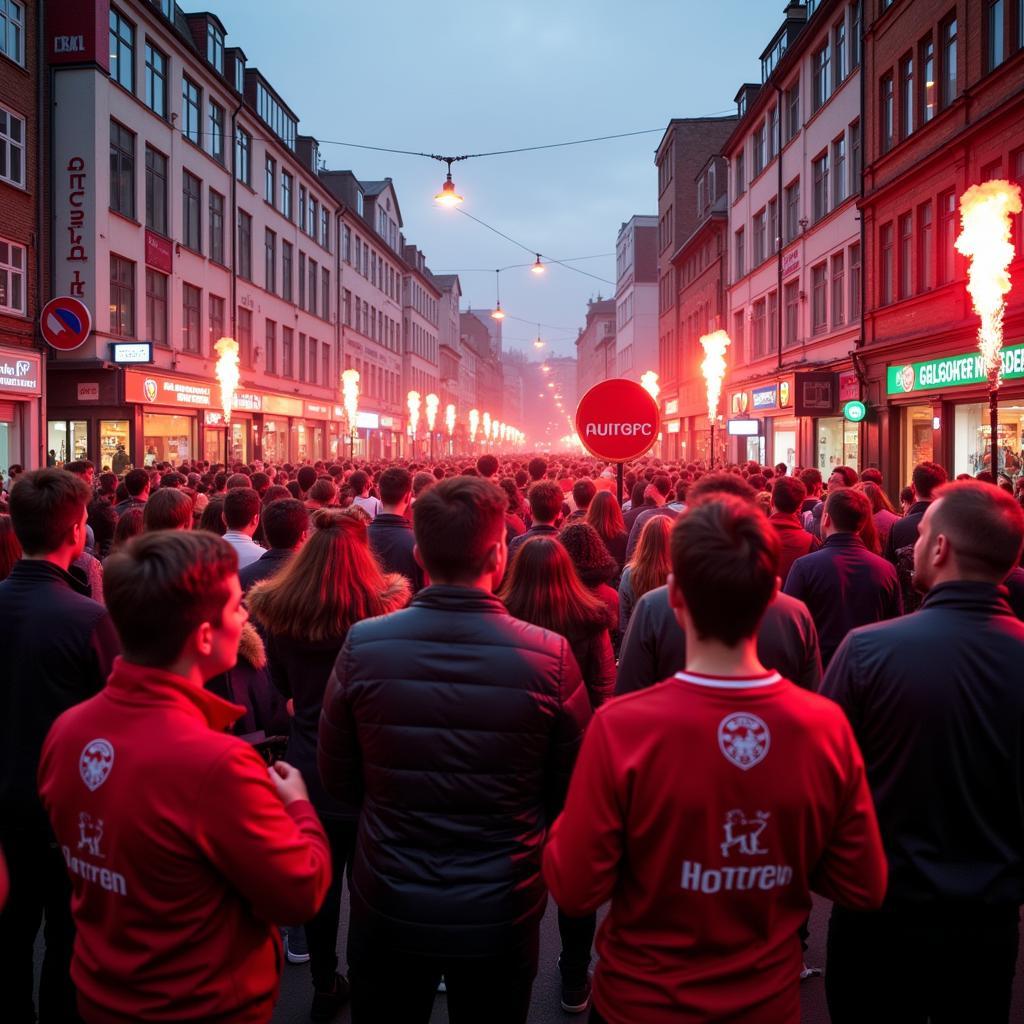 Fans auf der Altenberger Straße in Leverkusen