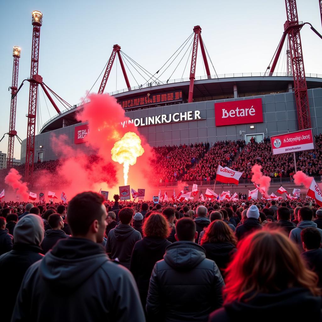 Fans vor dem Stadion am Weidenbusch in Leverkusen