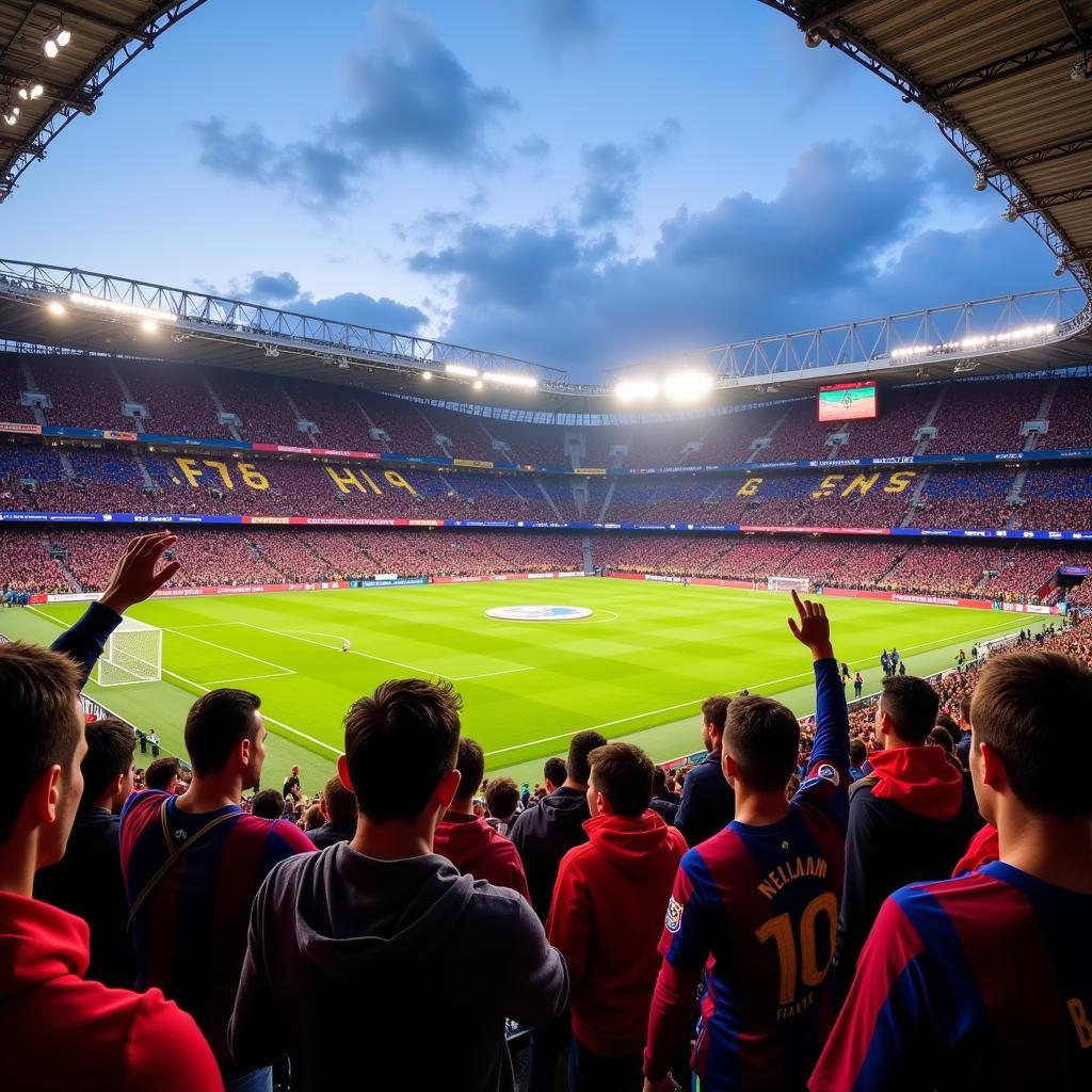 Fans von Barcelona und Leverkusen im Stadion 2015