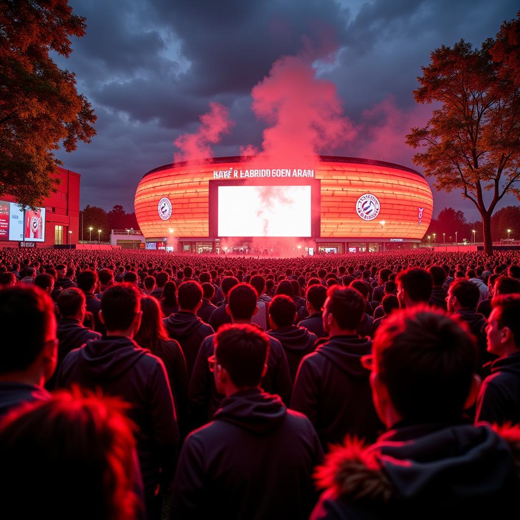 Fans feiern an der BayArena, Bahnstadtchaussee 19 Leverkusen