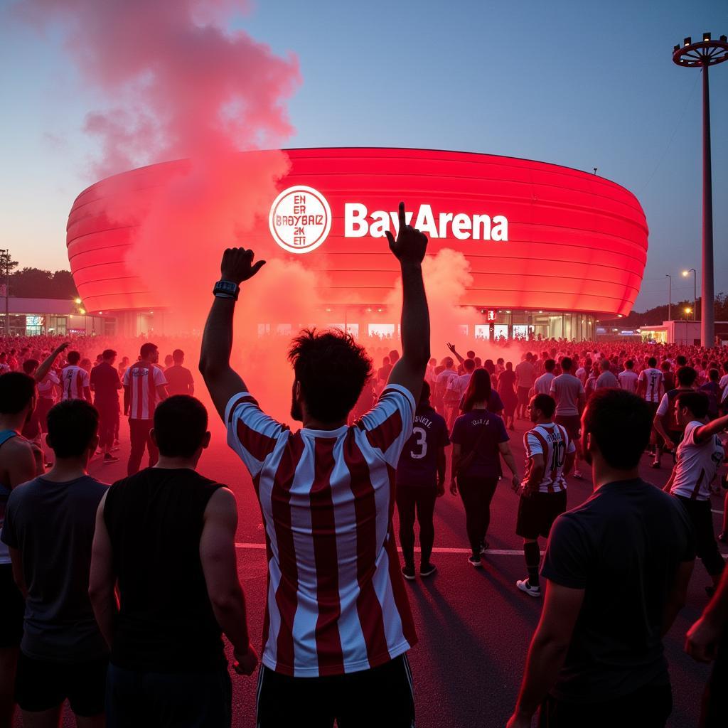 Fans des Bayer 04 Leverkusen feiern vor der BayArena.