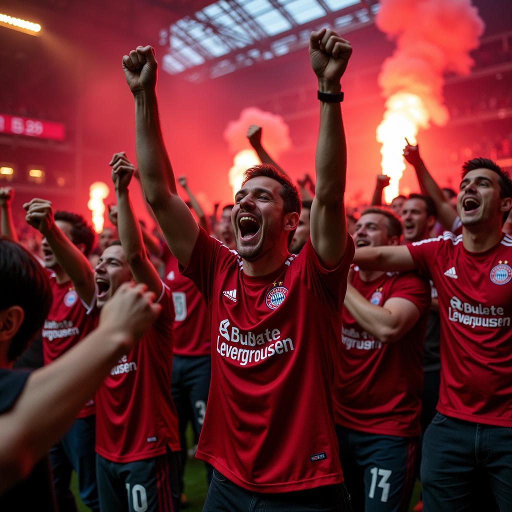 Feiernde Fans von Bayer Leverkusen