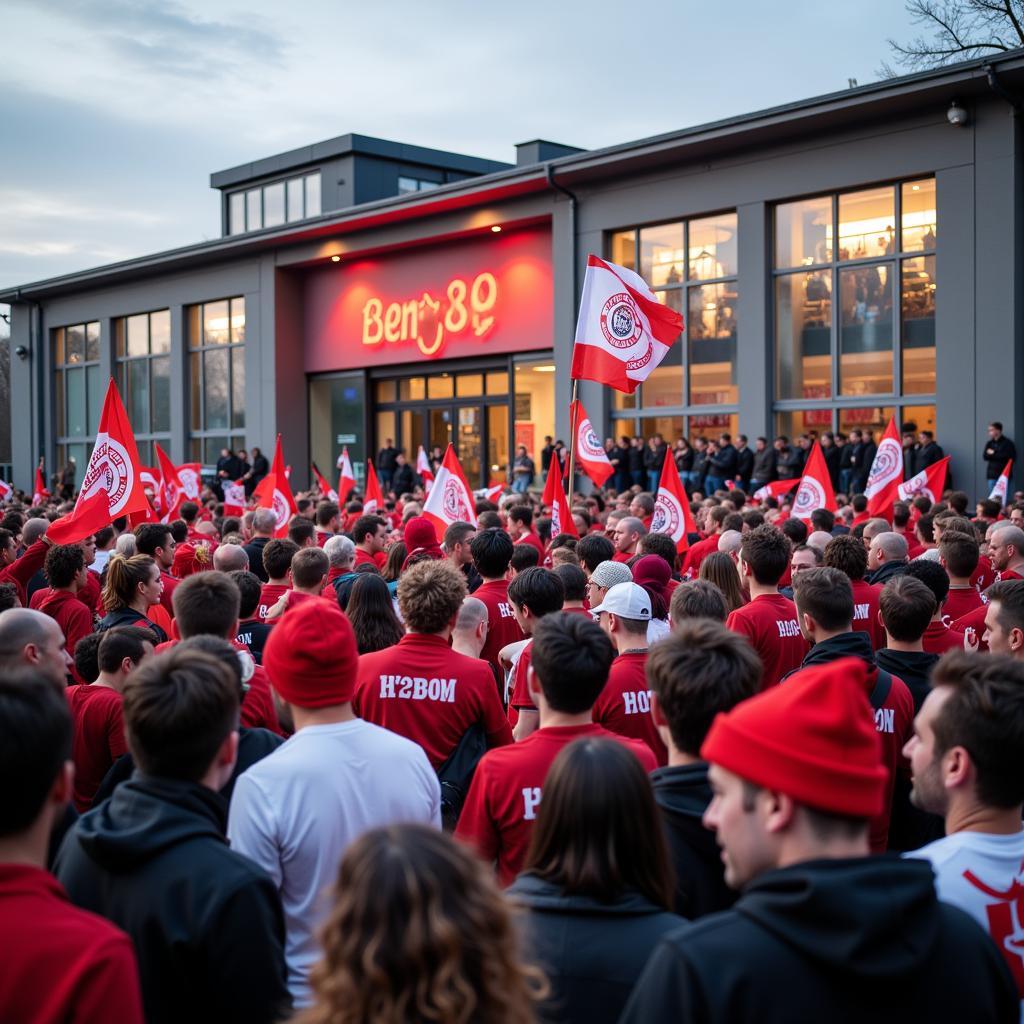 Bayer 04 Leverkusen Fans versammeln sich vor dem Gebäude auf dem Bruch 85 b.