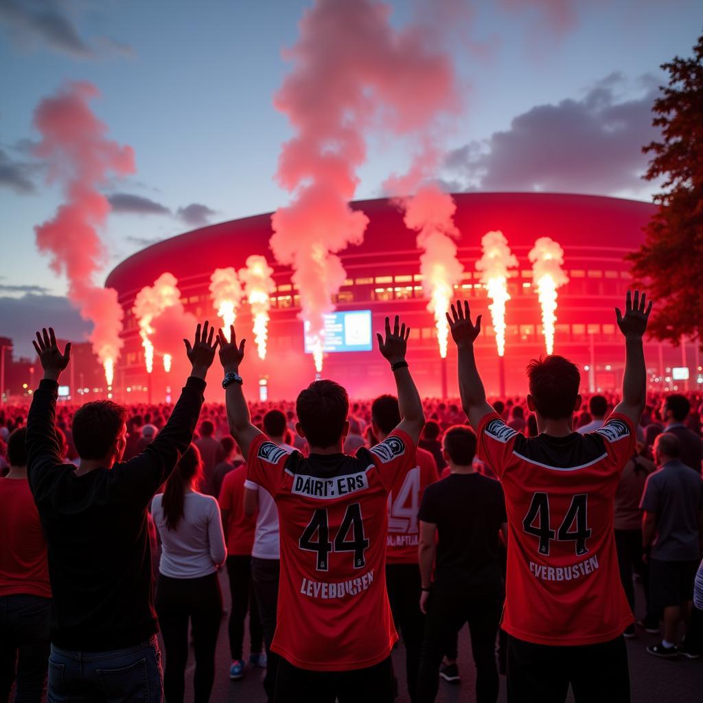 Fans feiern einen Sieg von Bayer 04 Leverkusen