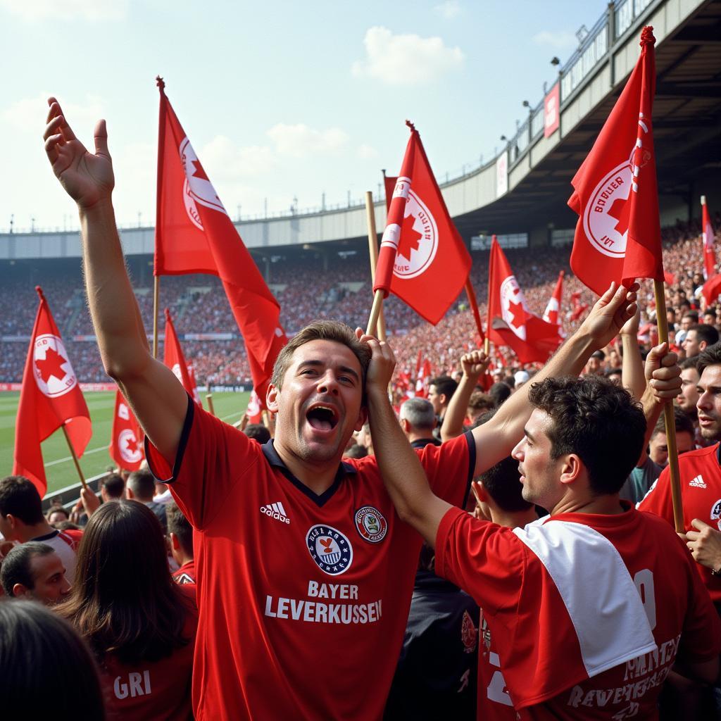 Jubelnde Fans feiern den UEFA-Cup-Sieg von Bayer Leverkusen