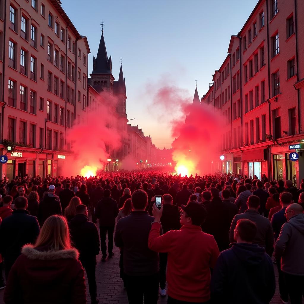 Fans auf der Hardenbergstraße vor der BayArena.