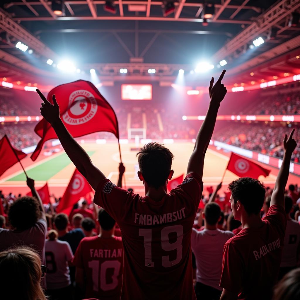 Fans der Werkself feiern im BayArena Stadion.