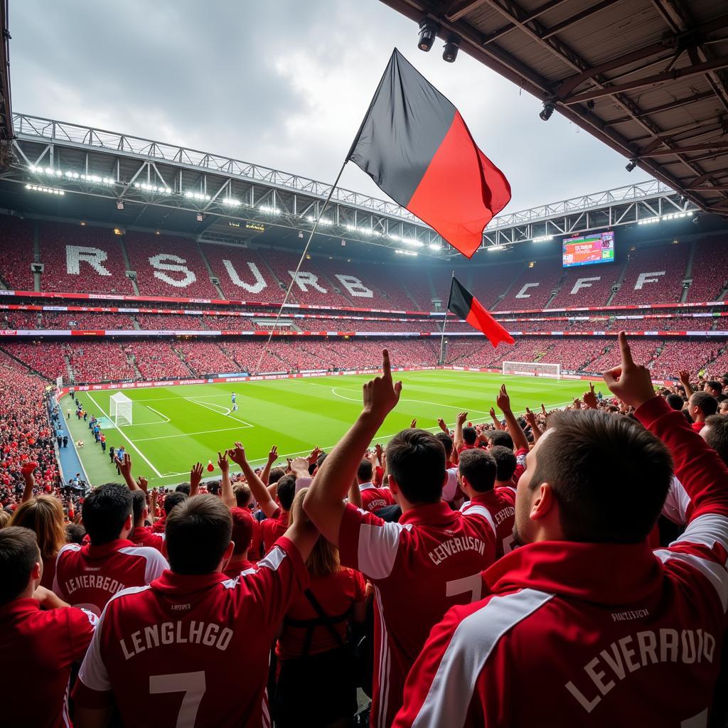 Fans im Stadion in Leverkusen