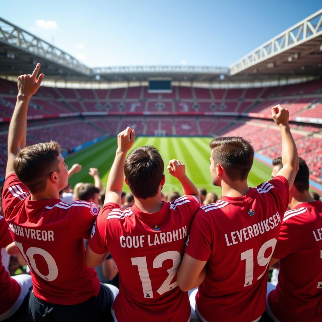 Fans im Stadion bei Sonne in Leverkusen