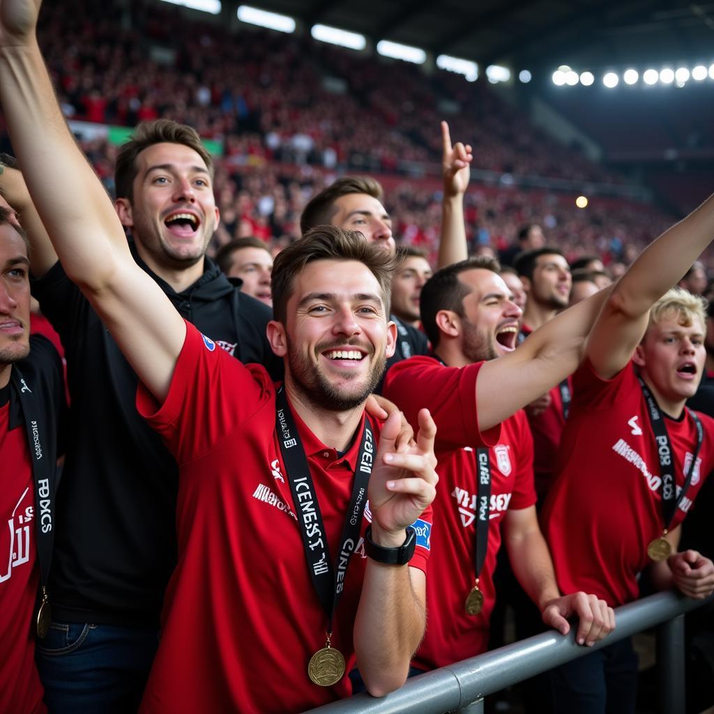 Fans von Bayer 04 Leverkusen jubeln im Stadion