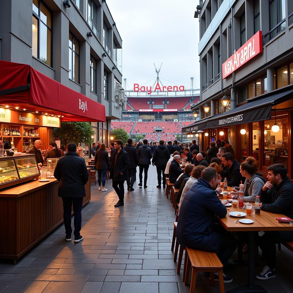 Fans genießen Essen und Getränke vor der BayArena