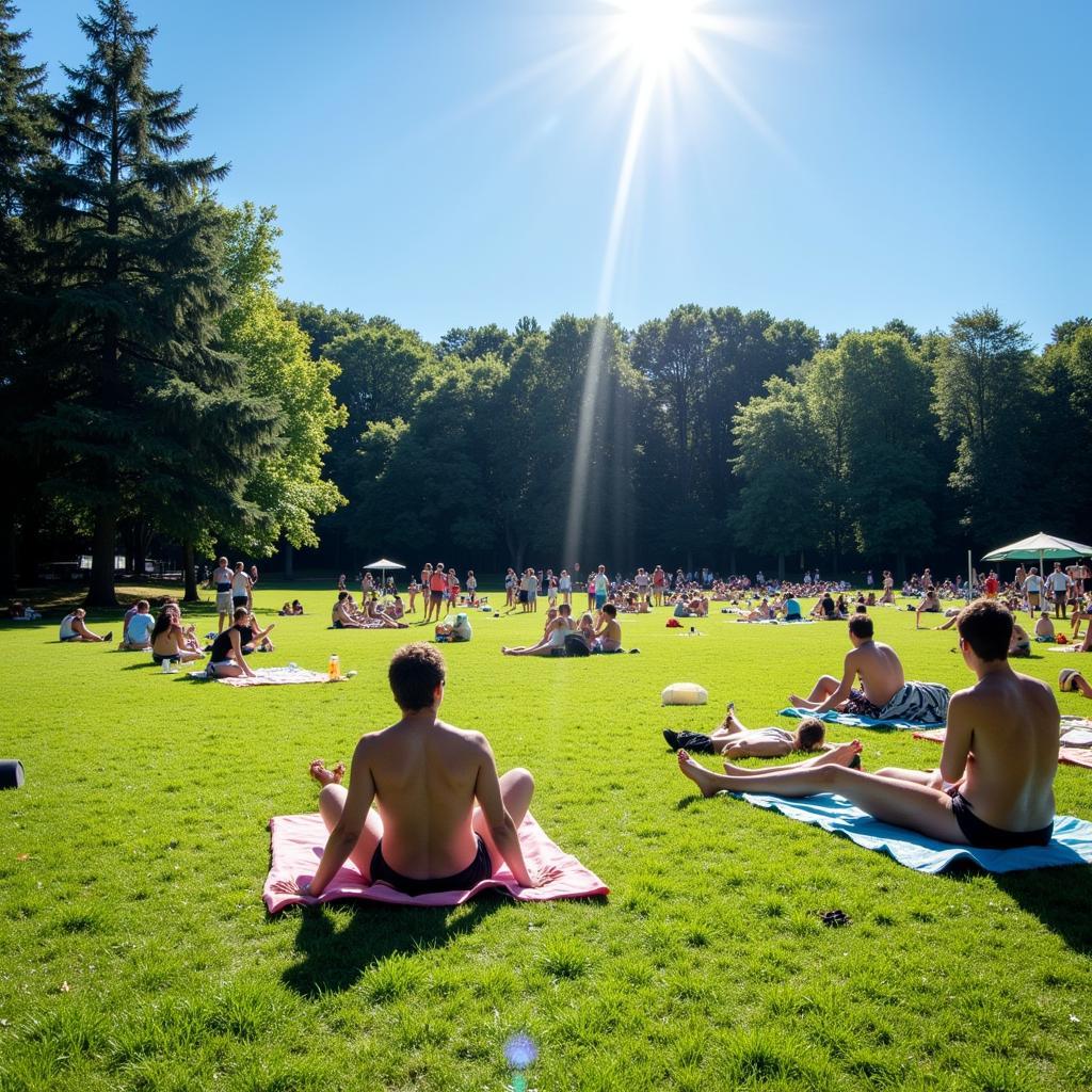 Besucher entspannen auf der Liegewiese im Freibad Leverkusen und genießen die Sonne.