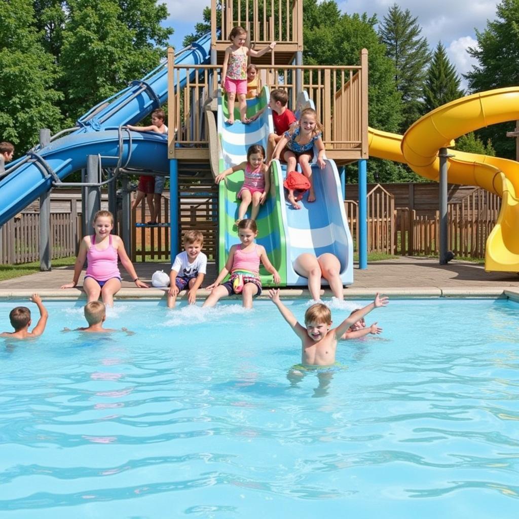 Kinder rutschen im Freibad Leverkusen und planschen vergnügt im Wasser.