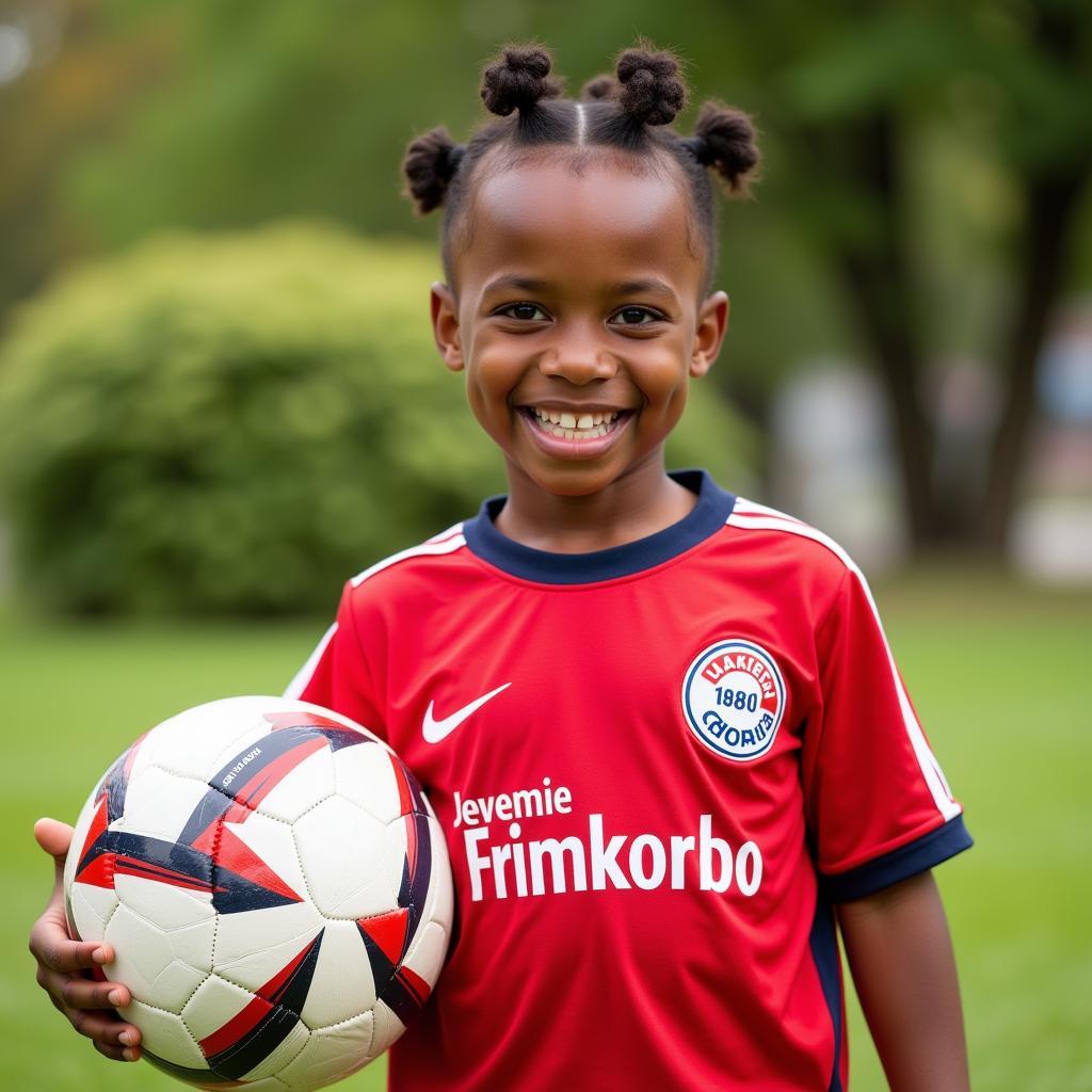 Ein Kind trägt stolz das Frimpong Trikot von Bayer Leverkusen.