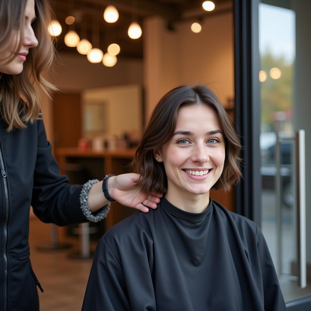 Vorteile eines Friseurbesuchs in Leverkusen ohne Termin. Eine zufriedene Kundin verlässt den Salon.