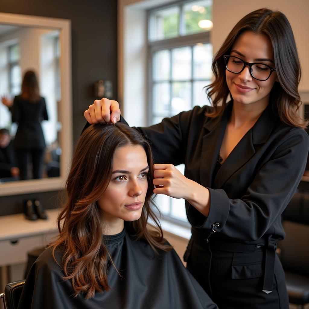 Spontaner Friseurbesuch in Leverkusen ohne Termin. Ein Friseur schneidet die Haare einer Kundin.