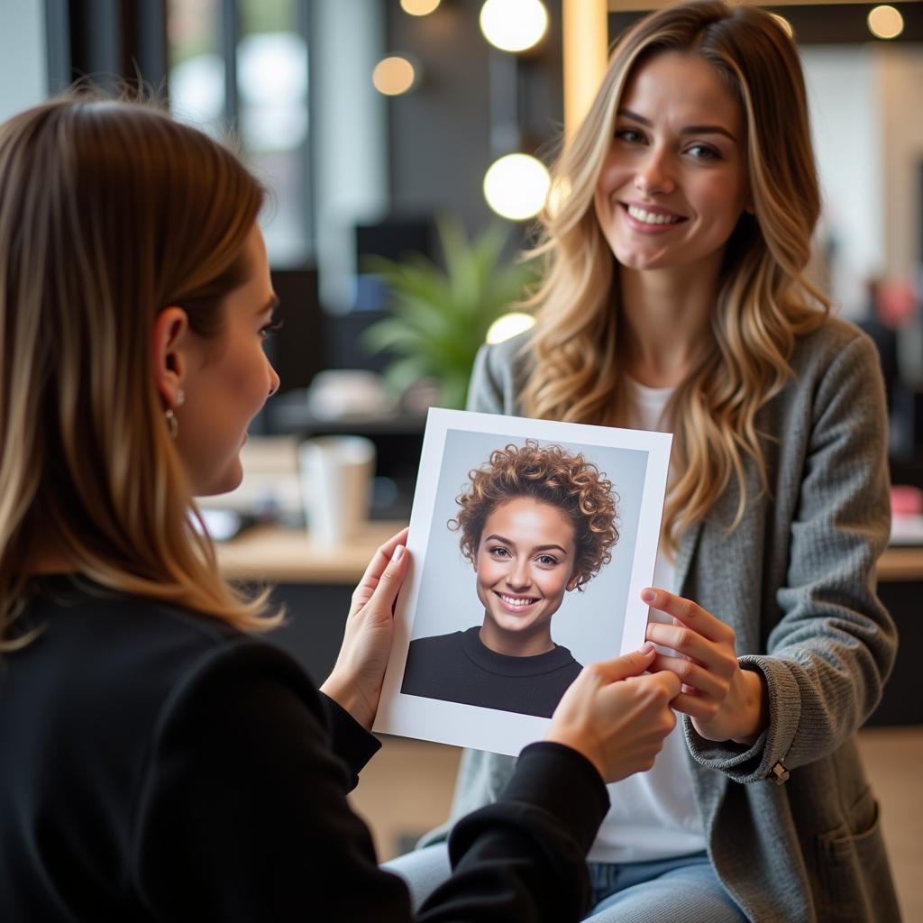 Vorbereitung für einen Friseurbesuch ohne Termin in Leverkusen. Eine Kundin zeigt dem Friseur ein Bild ihrer Wunschfrisur.