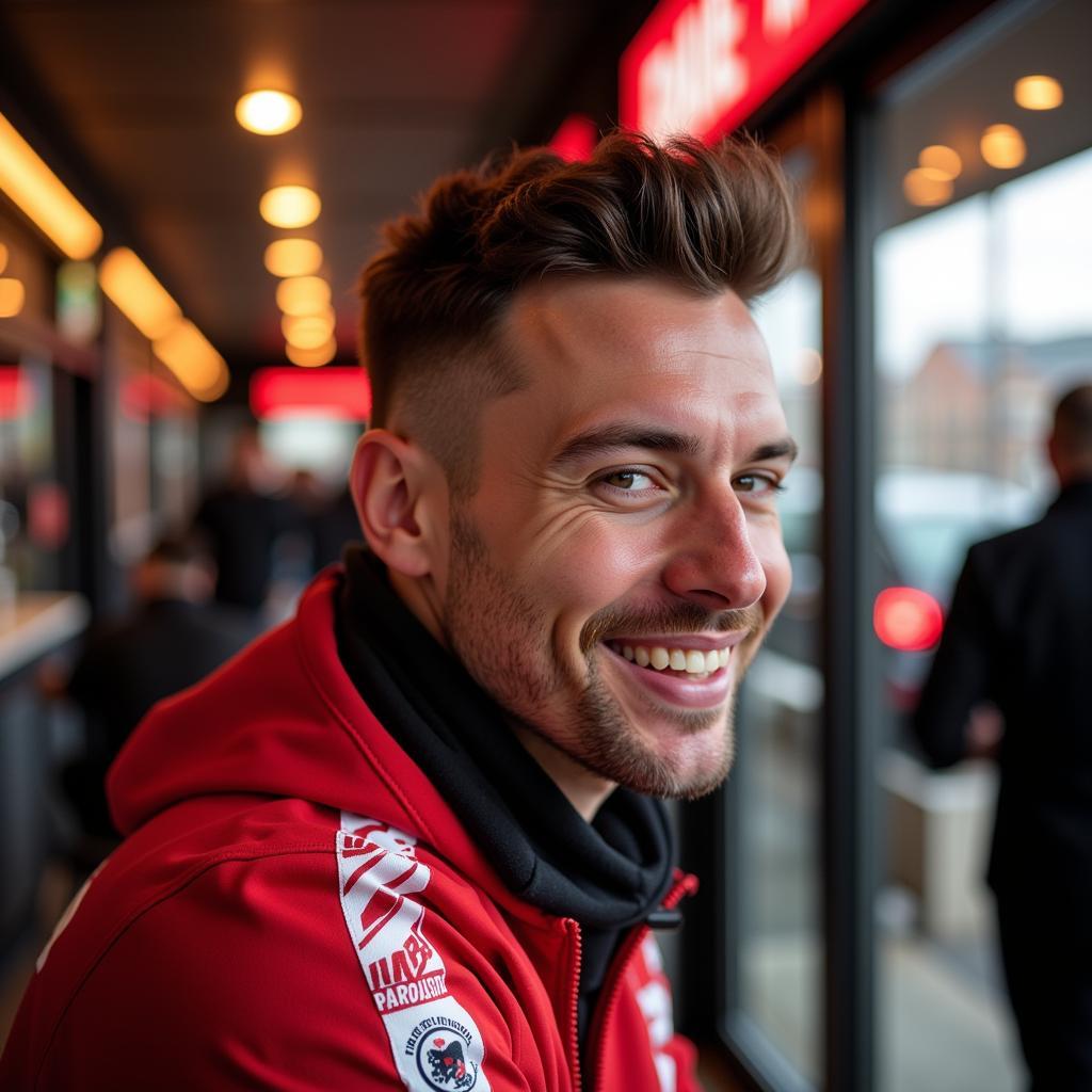 Ein Fußballfan verlässt glücklich den Barbershop in Leverkusen.