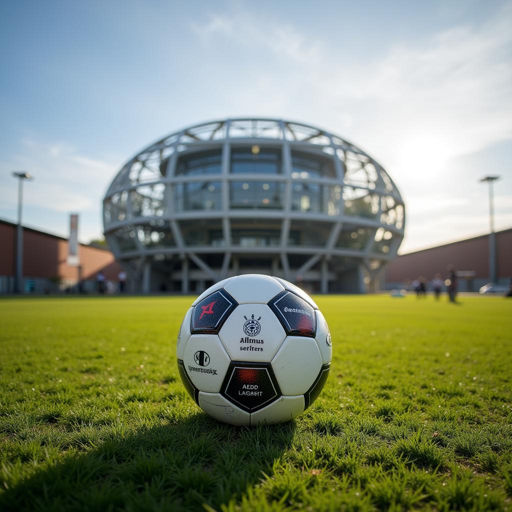 Ein Fußball vor der Kulisse des Leverkusener Kulturzentrums.