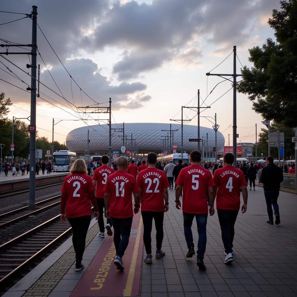 Fußweg vom Bahnhof zum Stadion in Leverkusen