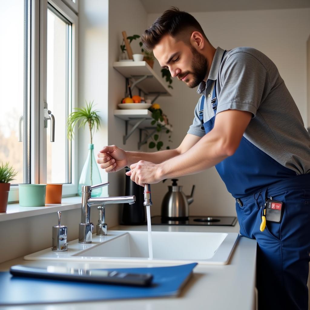 Installateur in Leverkusen repariert Wasserhahn