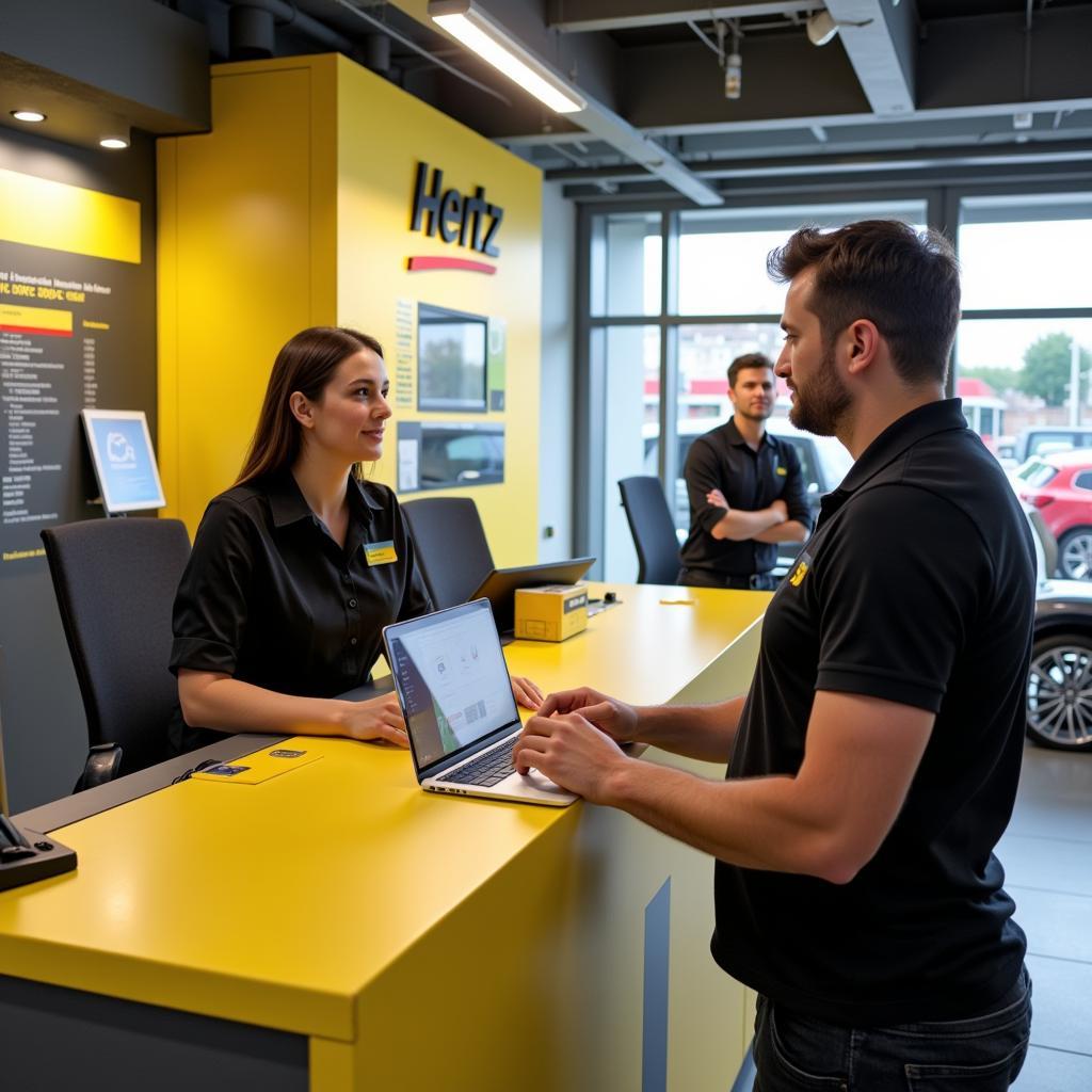 Hertz Mietwagen Leverkusen Telefonnummer: Ein Bild von einem Hertz Schalter in Leverkusen, mit einem Mitarbeiter der Kunden bedient.