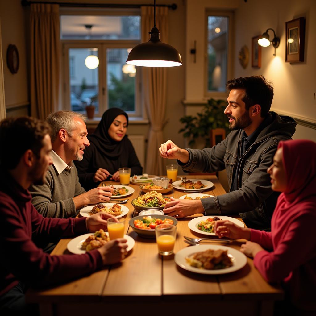 Familien und Freunde brechen gemeinsam das Fasten in Leverkusen während des Ramadan.