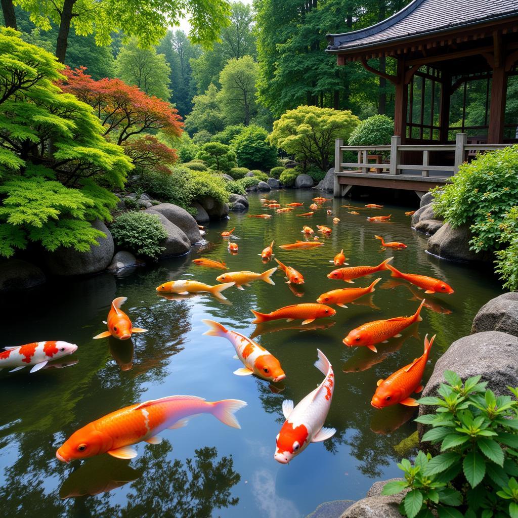 Koi-Karpfen im Teich des Japanischen Gartens Leverkusen