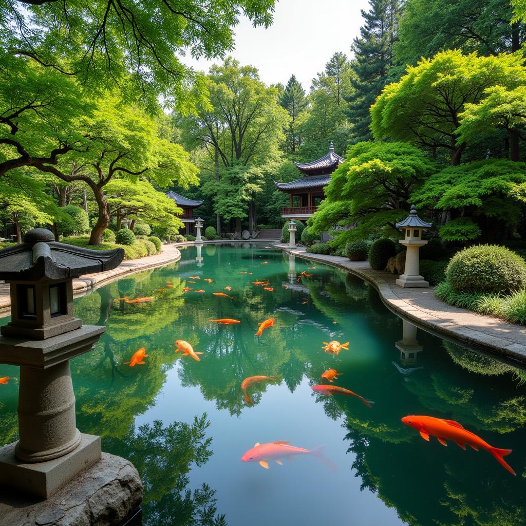 Japanischer Garten Leverkusen: Ein ruhiger Teich mit Koi-Karpfen und traditionellen japanischen Elementen.