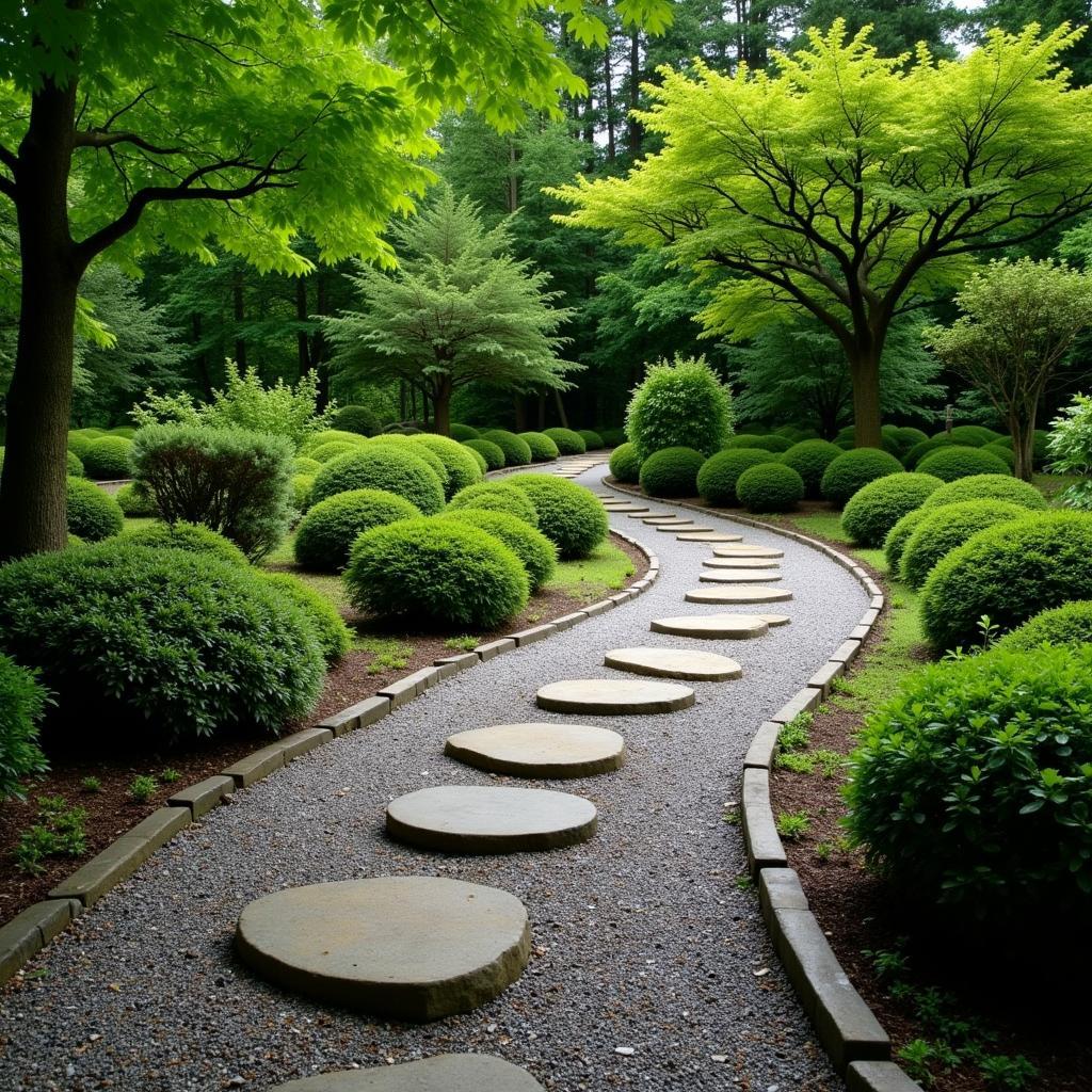 Weg durch den Japanischen Garten Leverkusen mit Steinen und Pflanzen