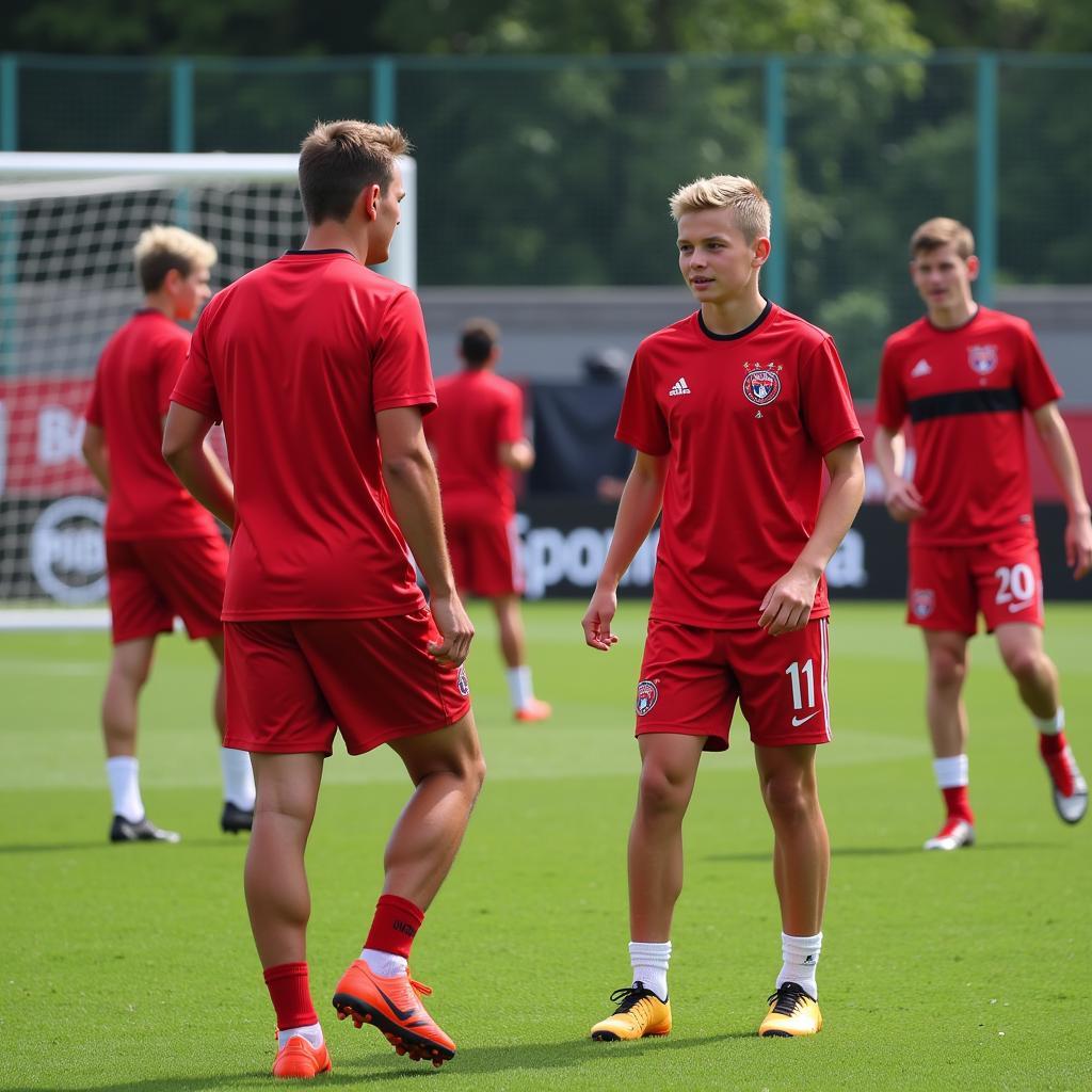 Jugendspieler von Bayer 04 Leverkusen trainieren auf dem Platz