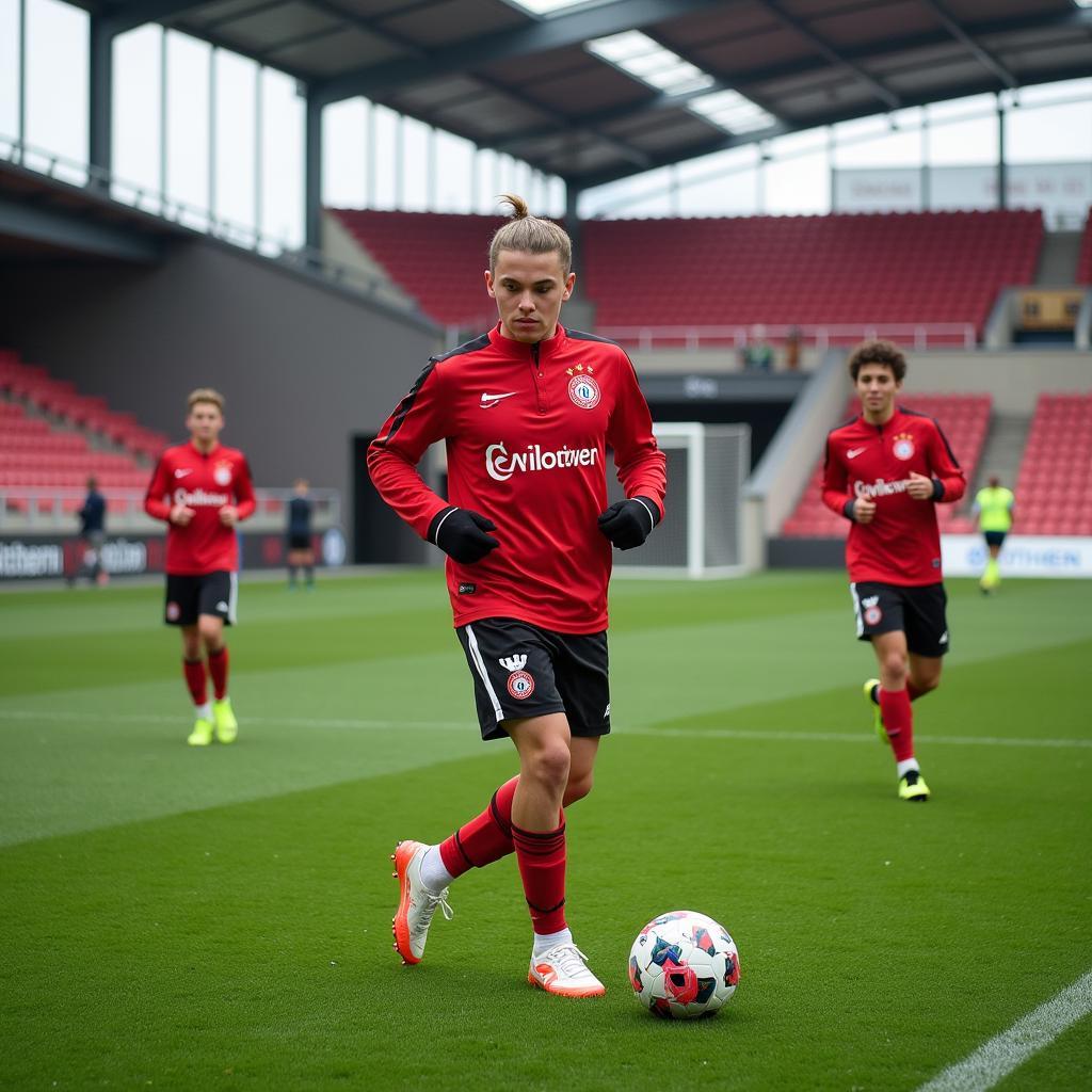 Jugendspieler von Bayer 04 Leverkusen trainieren auf dem Vereinsgelände.