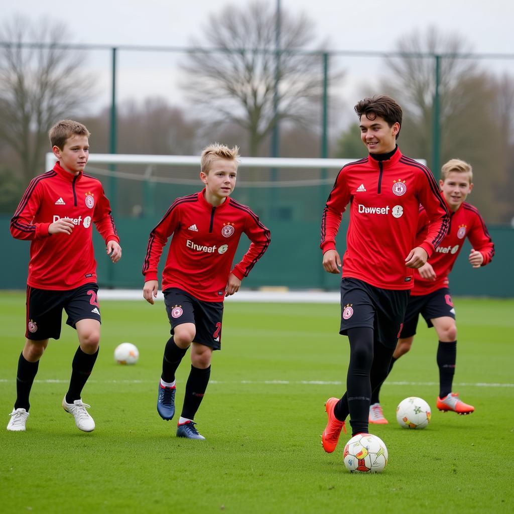 Jugendspieler von Bayer 04 Leverkusen trainieren auf dem Rasen.