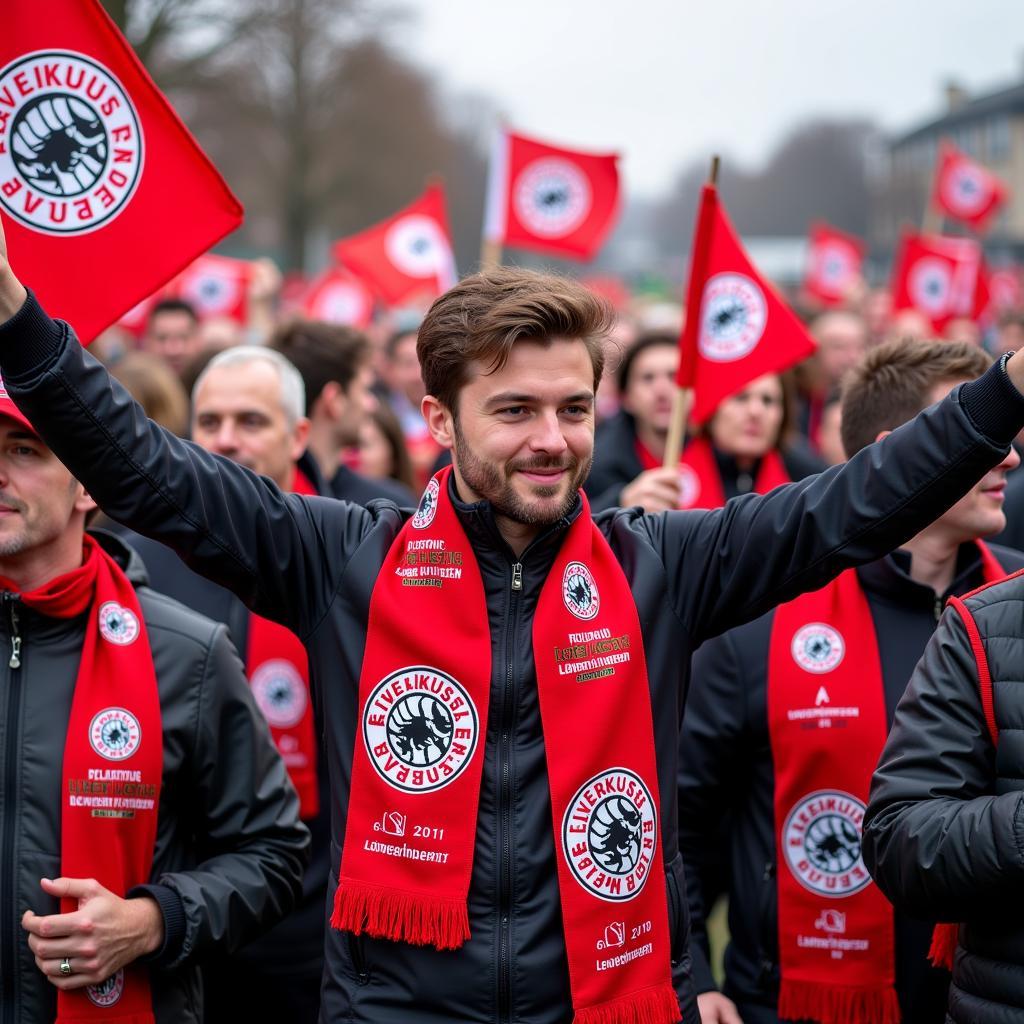 Karneval-Fans feiern den 11.11. mit Bayer Leverkusen-Schals und -Fahnen