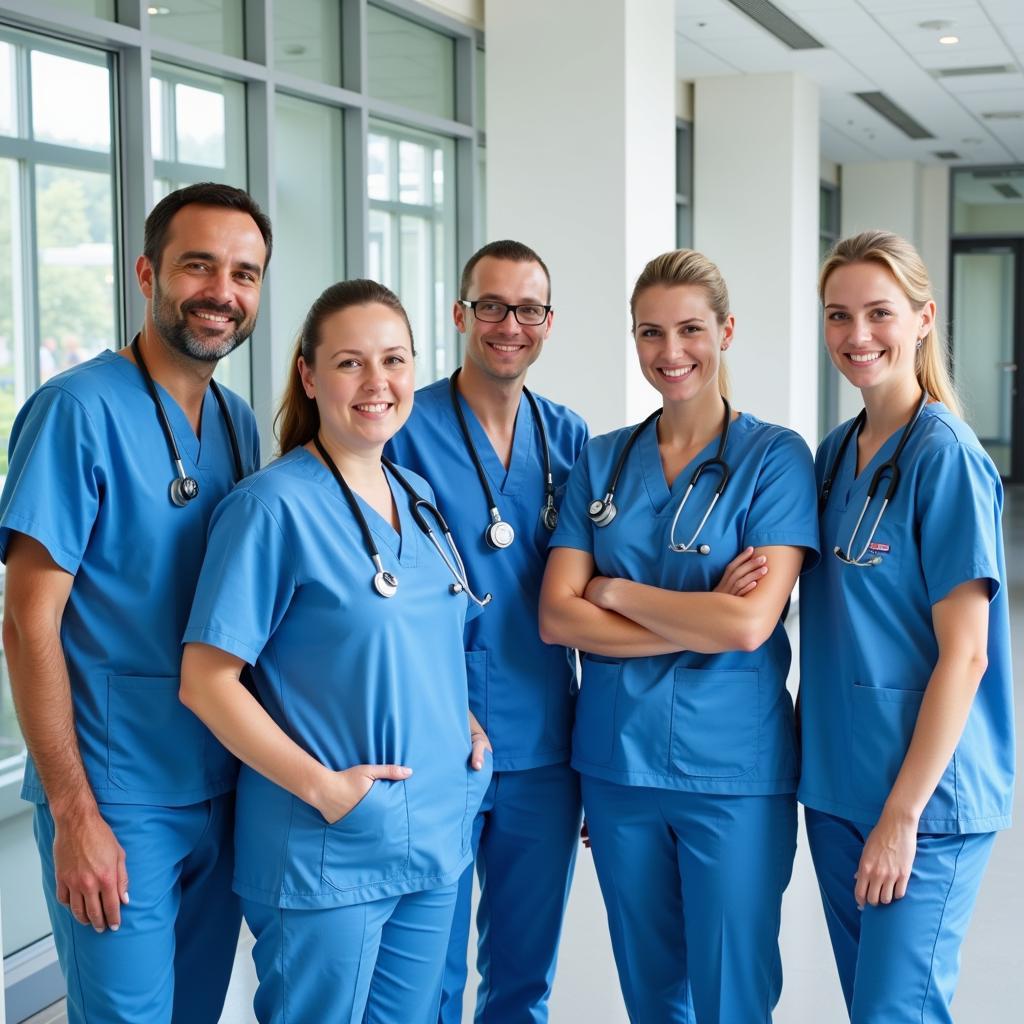 Ein Team von Ärzten und Krankenschwestern im Krankenhaus Leverkusen Opladen lächelt in die Kamera.