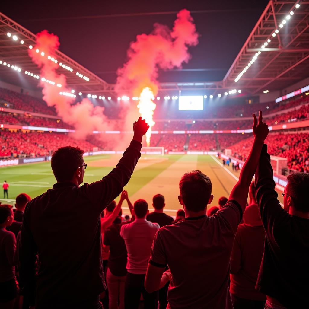 Lauter Leverkusen Fans in der BayArena feiern ein Tor.