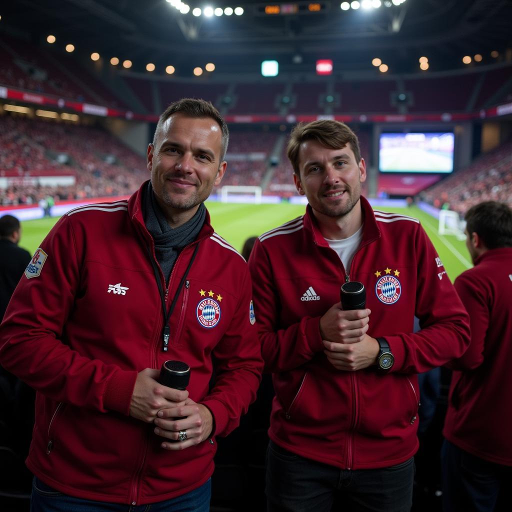 Fans von Bayer Leverkusen und Bayern München hören gemeinsam das Spiel im Radio.