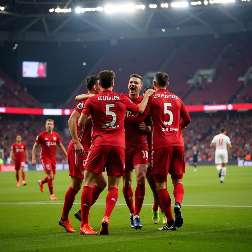 Leverkusen Spieler jubeln nach einem Tor gegen Bayern München in der BayArena