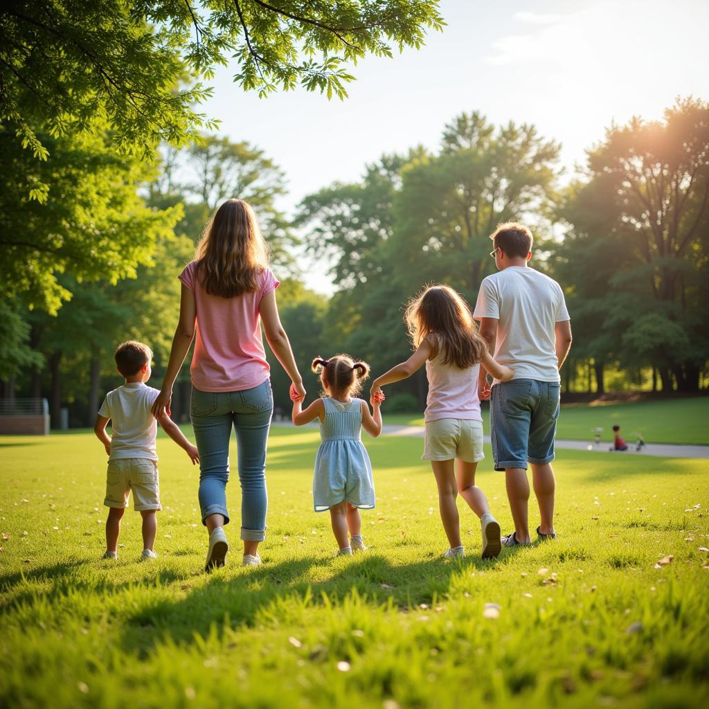 Familien verbringen einen sonnigen Tag im Neuland-Park in Leverkusen.