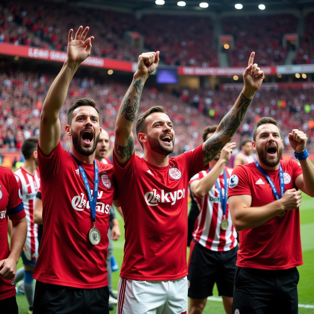 Jubelnde Leverkusen Fans in der BayArena am 05.05.2018