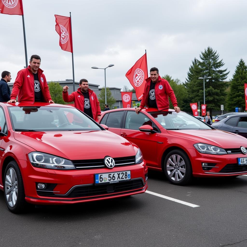 Bayer Leverkusen Fans mit ihren Volkswagen Autos