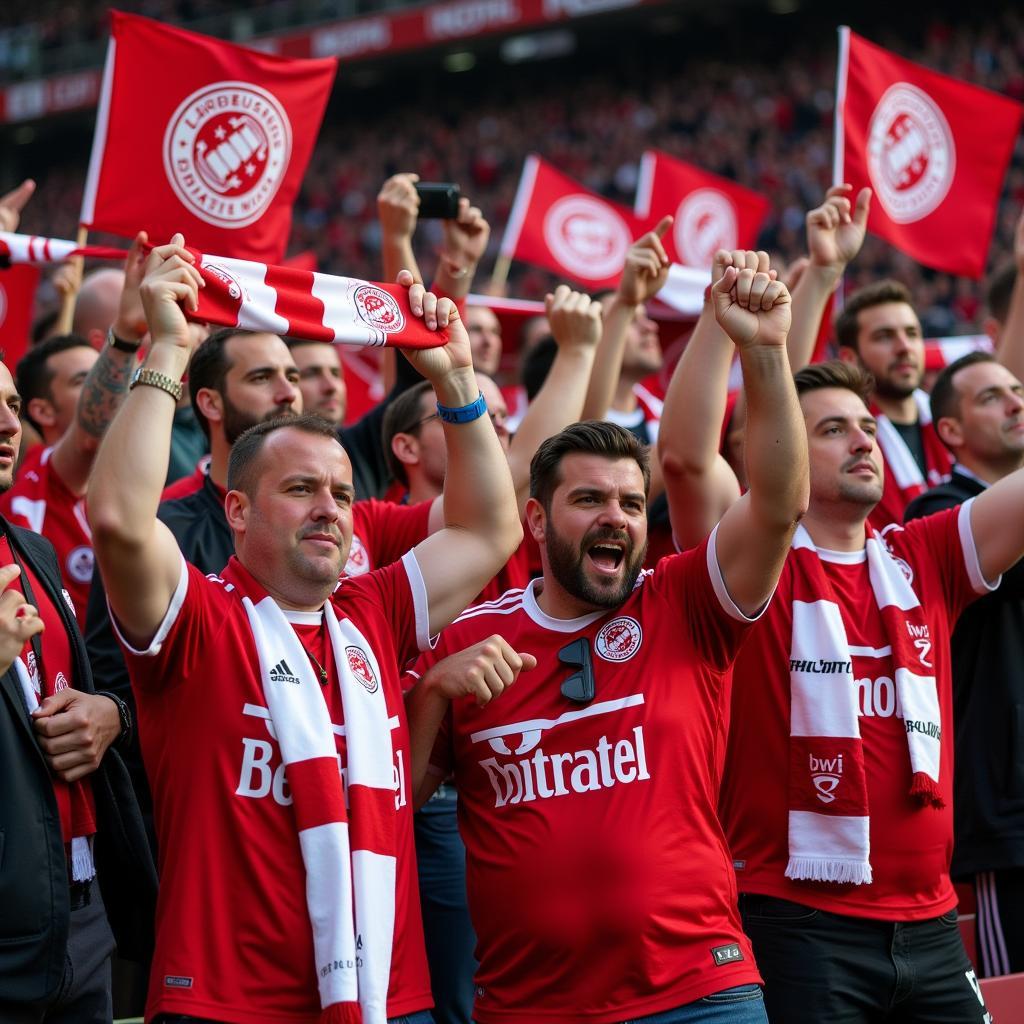 Leverkusen Fans mit Trikots und Schals