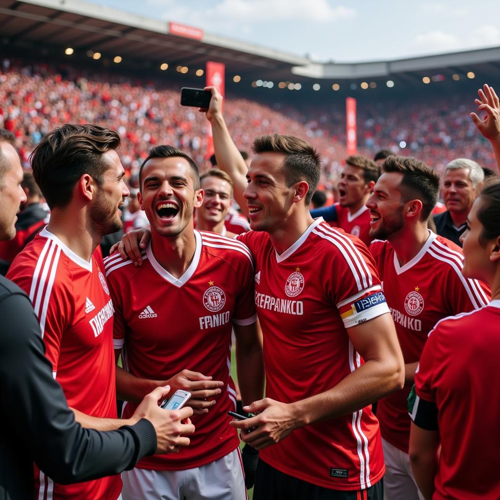 Leverkusen Mannschaft und Fans feiern zusammen