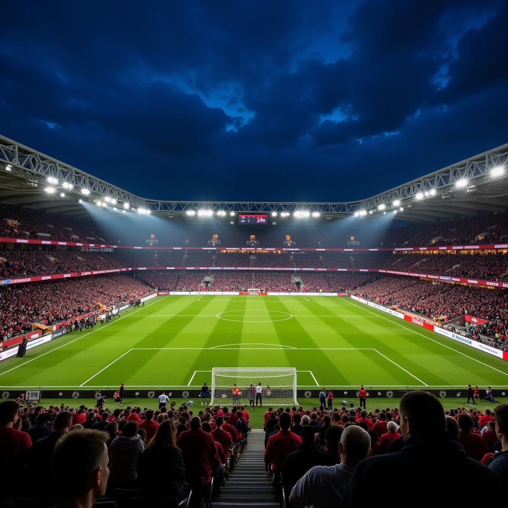 Leverkusen in Nordrhein-Westfalen: Die BayArena erstrahlt im Flutlicht während eines Heimspiels.