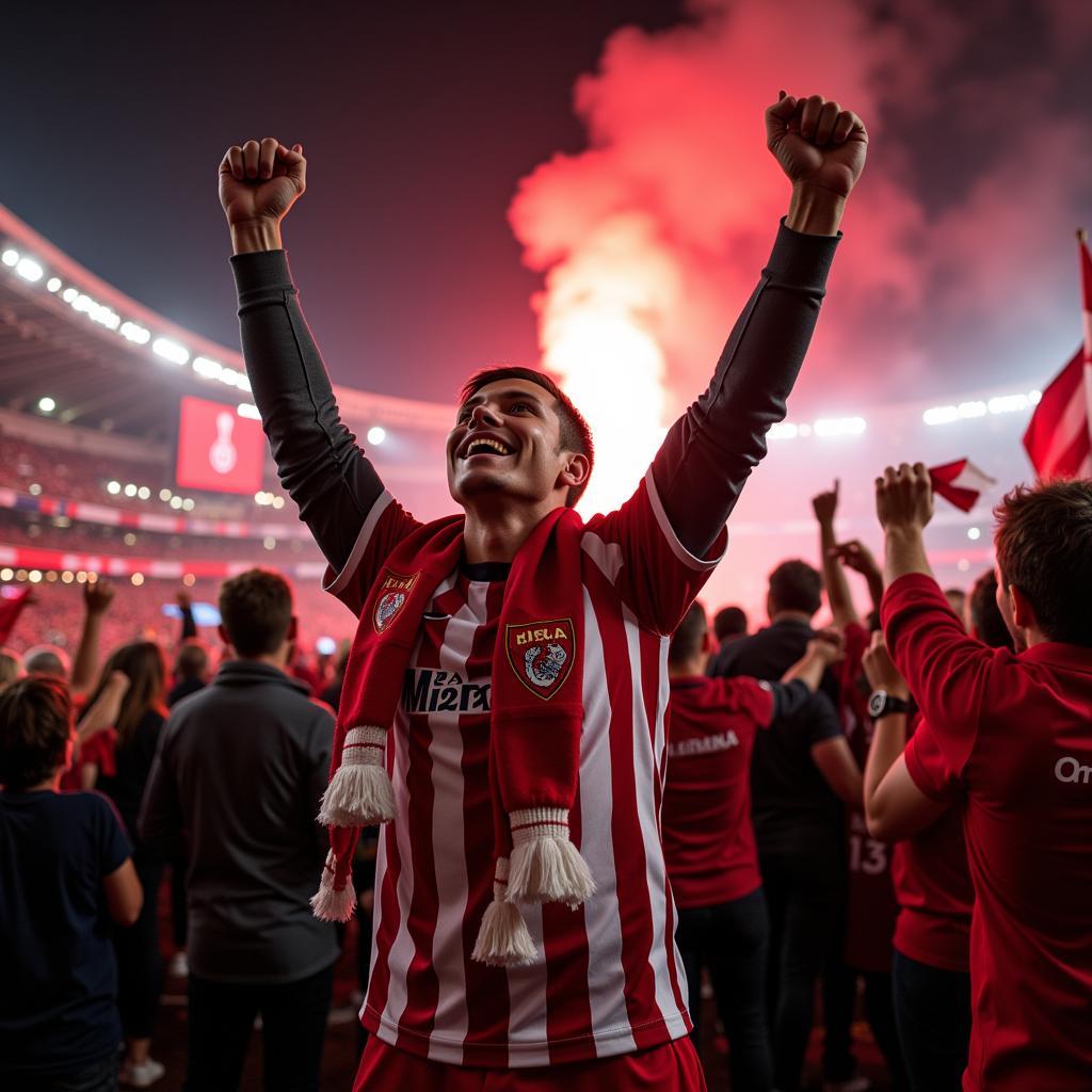 Jubelnde Fans von Leverkusen nach dem Sieg gegen Rom