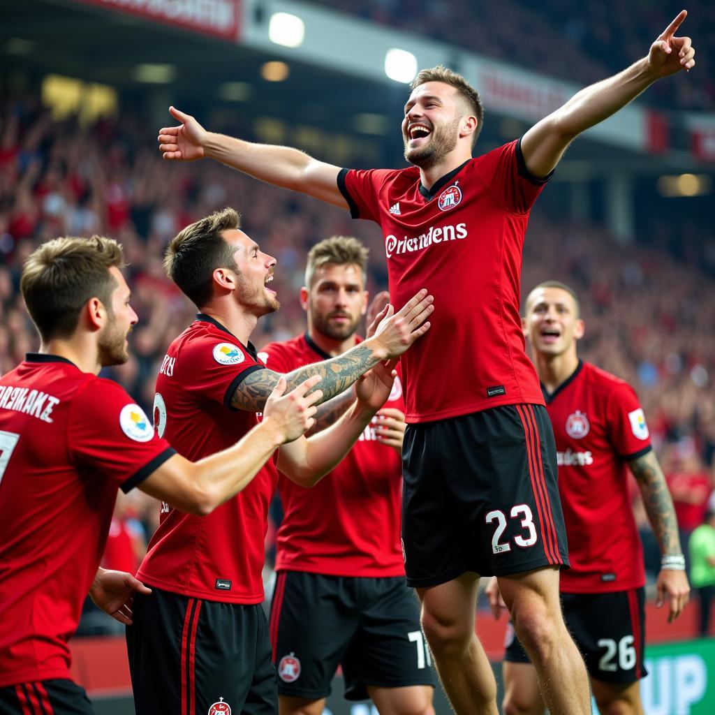 Leverkusen Fans in Trikots feiern ein Tor