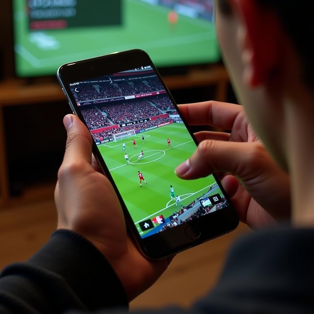 Ein Fan verfolgt das Leverkusen Spiel Live auf seinem Smartphone.