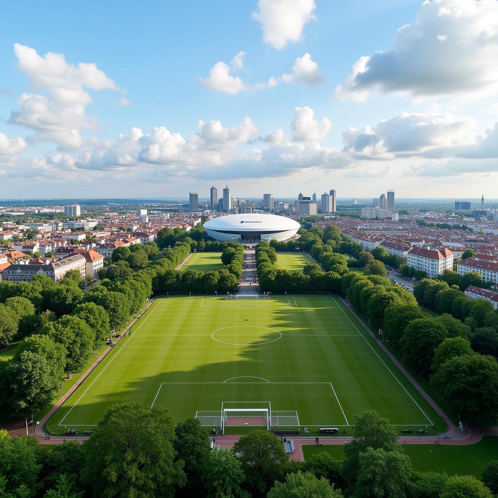 Panoramablick auf Leverkusen mit der BayArena im Hintergrund.